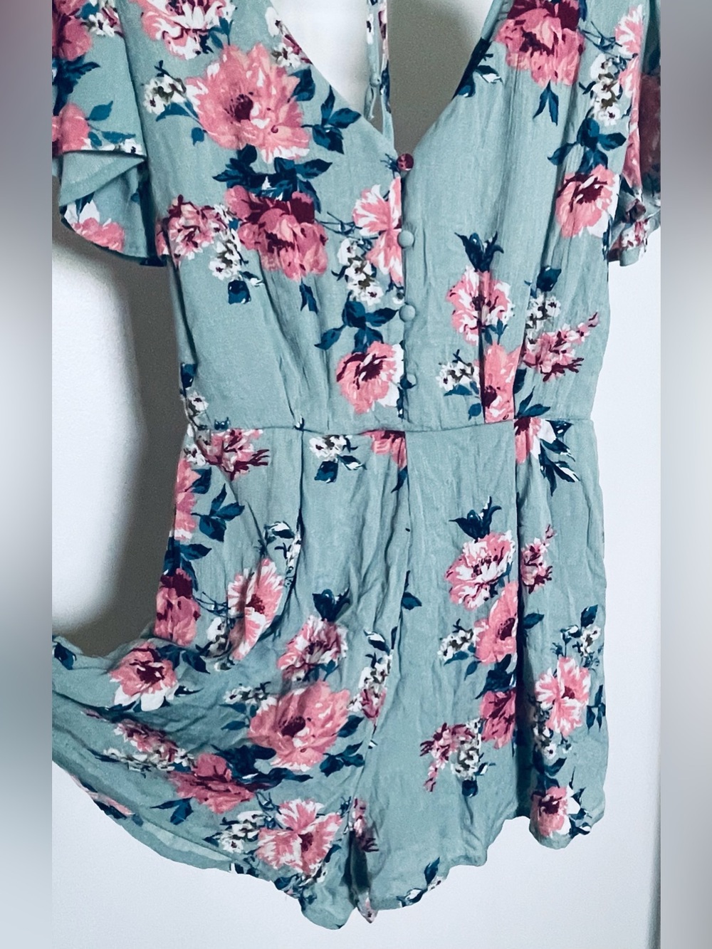 Three Pink Hearts Sage Green Floral Romper Fall Layering Transitional Jumpsuit S